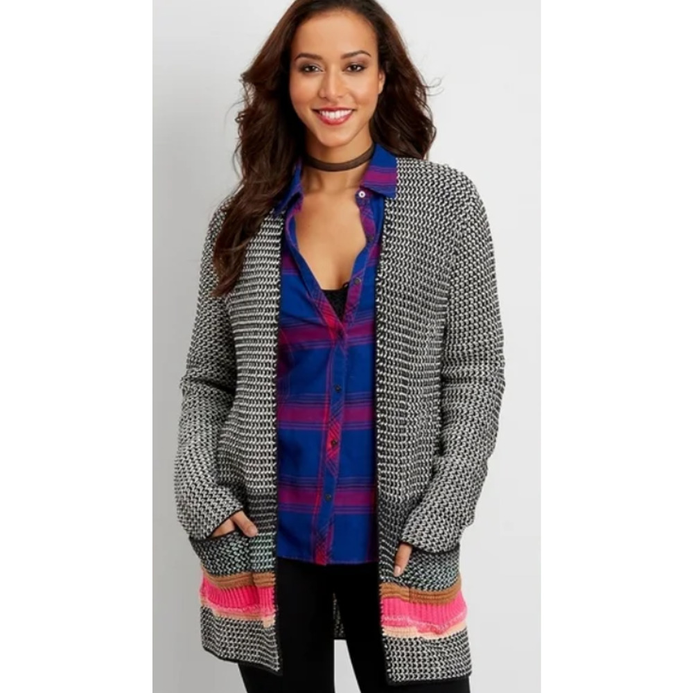 Maurices Black Open Front Knit Pockets Long Sleeve Cardigan Sweater Womans Sz XL